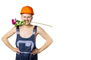 Man with flower in mouth, 8 march. Macho with bearded face, holiday. Womens day, 8 march, spring. Love, romance, desire, proposal, date. Holiday celebration, party. Isolated