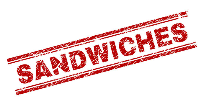 SANDWICHES seal print with distress texture. Red vector rubber print of SANDWICHES text with corroded texture. Text caption is placed between double parallel lines.