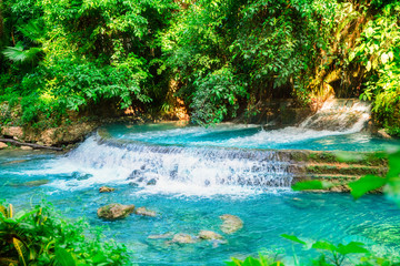Kawasan waterfall in a mountain gorge in the tropical jungle of the Philippines, Cebu.