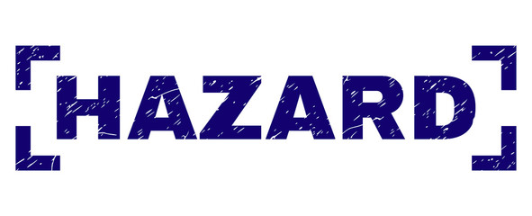 HAZARD title seal watermark with corroded texture. Text title is placed inside corners. Blue vector rubber print of HAZARD with corroded texture.