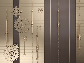Abstract background with gold gears, clock hands, chains and various metal details, illustrating retro technology with steampunk elements on a gold substrate. 3D illustration