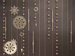 Abstract background with Golden gear wheels, hands, chains, balls and various metal parts, illustrating the retro-technology with elements of steampunk to the chocolate substrate. 3D illustration