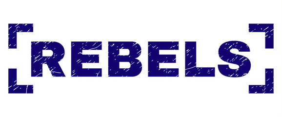 REBELS text seal print with corroded texture. Text label is placed between corners. Blue vector rubber print of REBELS with scratched texture.