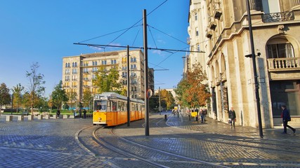 Yellow rail tram of the city of Budapest in Hungary. Tram line number 2. voted the best scenic...