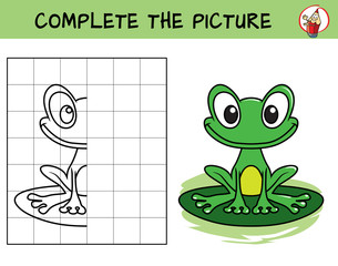 Complete the picture of a funny frog. Copy the picture. Coloring book. Educational game for children. Cartoon vector illustration