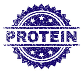 PROTEIN stamp seal watermark with distress style. Blue vector rubber print of PROTEIN tag with unclean texture.