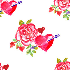 Hand painted roses and hearts.Watercolor seamless pattern. Happy valentine's day background