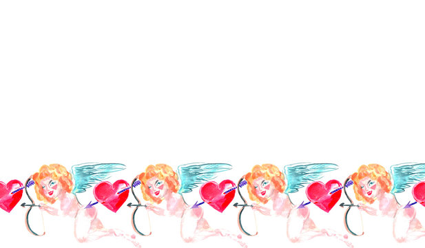 Watercolor seamless border. Hand painted Valentine's Day background with beautiful cupid, roses and red hearts.