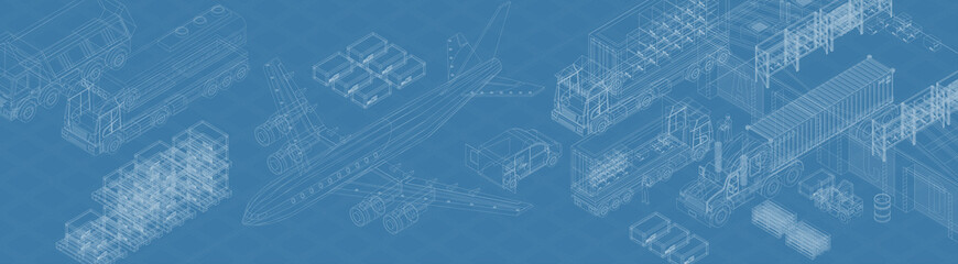 Vector blueprint of storage and various types of delivery system on blue background 
