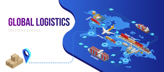 Dots connecting isometric structure of global logistics on world map with final delivery point