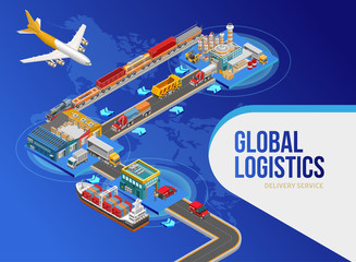 Aircraft flying near isometric structure of global logistics depicted over world map