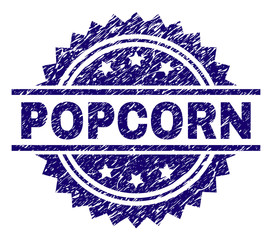 POPCORN stamp seal watermark with distress style. Blue vector rubber print of POPCORN label with retro texture.