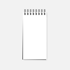 Open wire spiral white blank reporter notebook, realistic vector mockup