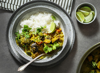Plated vegetable curry with rice