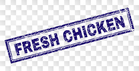 FRESH CHICKEN stamp seal print with rubber print style and double framed rectangle shape. Stamp is placed on a transparent background.