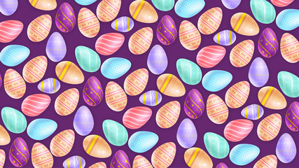Composition of assorted ornamental eggs depicted on purple background