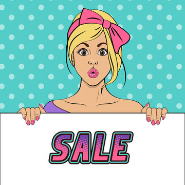 Retro woman hide behind blank poster. Sale. Banner Template. Vector illustration in pop art style
