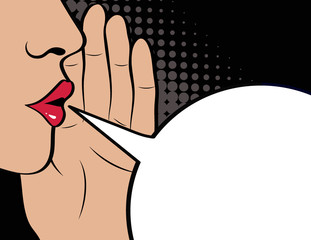 Pop Art gossip girl whispering  secrets. Mouth, lips and hand close up. Speech bubble blank for text. Black Friday Poster. Vector illustration in comic style.