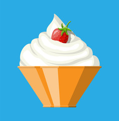 Ripe strawberry and whipping cream in bowl