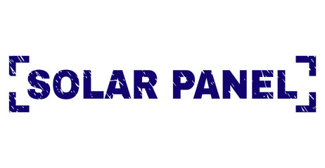 SOLAR PANEL title seal print with grunge texture. Text caption is placed inside corners. Blue vector rubber print of SOLAR PANEL with dirty texture.