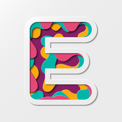 Paper cut letter E Symbol. Realistic 3D multi layers paper cut effect isolated on white background. Suitable for fun and happy things.