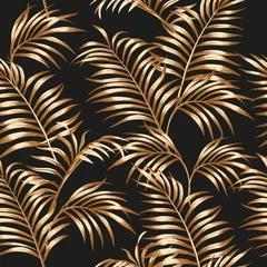 Deurstickers Zwart goud Gouden palmbladeren naadloze zwarte achtergrond