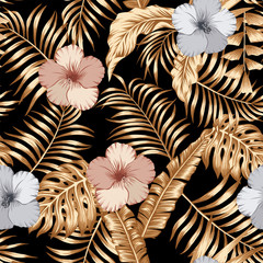 Gold tropical leaves and bronze silver hibiscus seamless black background