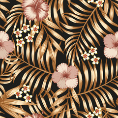 Materiał do szycia Hibiscus frangipani gold palm leaves seamless black background