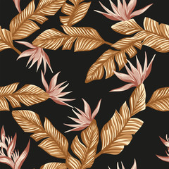 gold tropical leaves and pink gold flowers black background