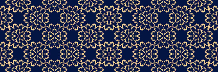 Floral seamless pattern. Golden design on dark blue background