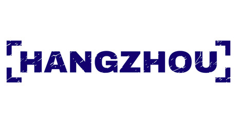 HANGZHOU text seal watermark with grunge texture. Text label is placed inside corners. Blue vector rubber print of HANGZHOU with grunge texture.