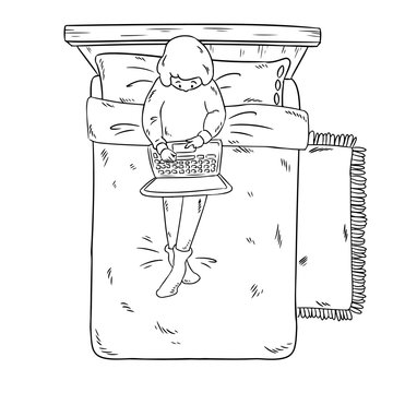 recommend clip art: Girl with laptop on the bed. Comic style image for coloring. Top view.