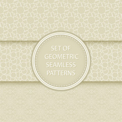 Compilation of geometric seamless patterns. Olive green and white mixed shapes backgrounds