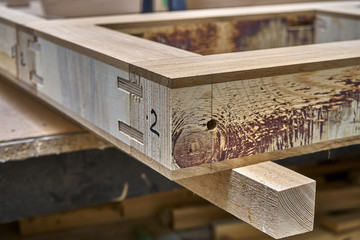 Wood door manufacturing process. Door frame. Furniture manufacture.