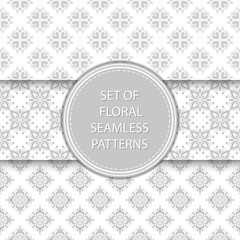 Floral seamless patterns compilation. Gray designs on white backgrounds