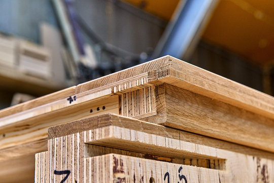 Wood door manufacturing process. Door leaf. Furniture manufacture.