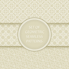 Compilation of geometric seamless patterns. Olive green and white mixed shapes backgrounds