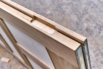 Wood door manufacturing process. Door leaf. Furniture manufacture.