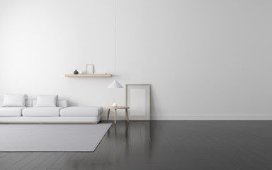 View of white living room in scandinavian style with wood furniture on dark laminate floor.Perspective of minimal design architecture. 3d rendering.	
