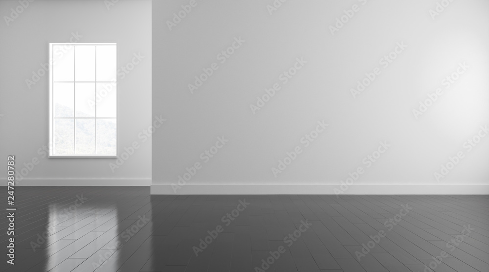 Poster 3D stimulate of white empty room and dark laminate floor with sun light cast shadow on the wall,Perspective of minimal design architecture