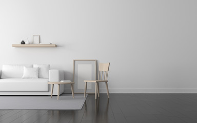 View of white living room in scandinavian style with wood furniture on dark laminate floor.Perspective of minimal design architecture. 3d rendering.	