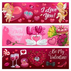 Valentines Day hearts, Cupids, flowers and gifts