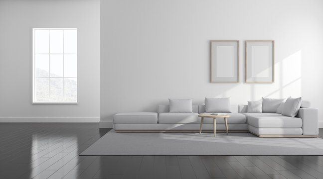 View of white living room in scandinavian style with wood furniture on dark laminate floor.Perspective of minimal design architecture. 3d rendering.	