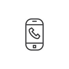 Phone call screen line icon. linear style sign for mobile concept and web design. Mobile phone with telephone outline vector icon. Symbol, logo illustration. Pixel perfect vector graphics