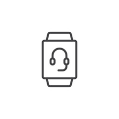 Smartwatch call service line icon. linear style sign for mobile concept and web design. Smart watch screen with headset outline vector icon. Symbol, logo illustration. Pixel perfect vector graphics