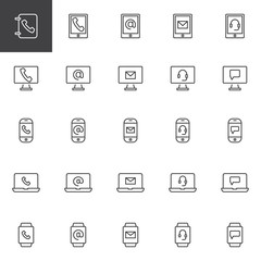 Contact and communication line icons set. linear style symbols collection, outline signs pack. vector graphics. Set includes icons as Laptop email, Computer monitor, Smartphone, Smartwatch, Mobile app