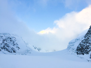 View to the Belukha Mountain from the Mensu glacier. Altai, Russia.