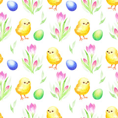 Easter seamless pattern with hand drawn cute chickens, flowers and colored eggs. Watercolor background.