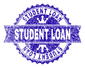 STUDENT LOAN rosette stamp watermark with grunge texture. Designed with round rosette, ribbon and small crowns. Blue vector rubber watermark of STUDENT LOAN text with retro texture.