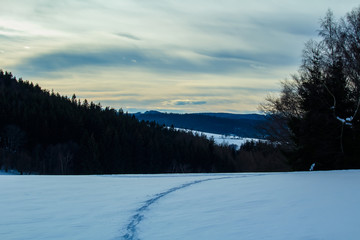 Small path in snow on winter czech landscape